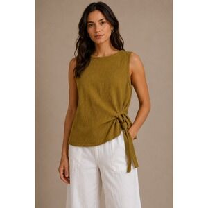 Nine West Womens XL Mustard Olive Green Crinkle Texture Side Tie Sleeveless Top